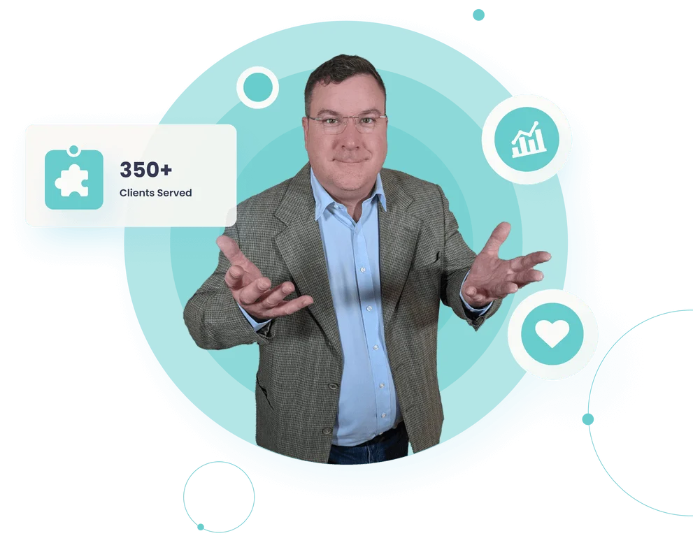 Image of Chris in a sport coat with open hands and icons orbiting around him.